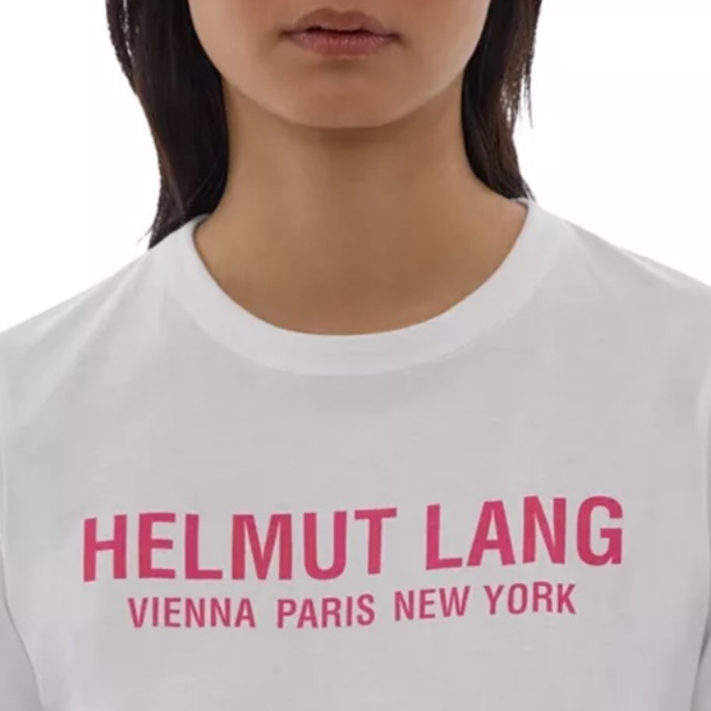 Helmut Lang Cotton Logo Women’s Baby Tee NWT Short Sleeves Cream Shocking Pink - Picture 9 of 13